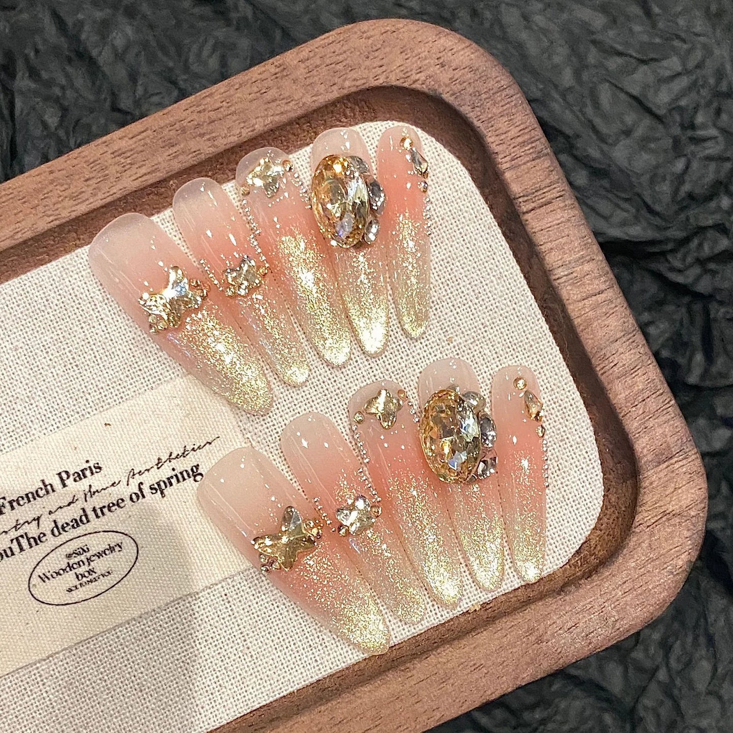 10PCS Champagne  Diamond Almond Nails