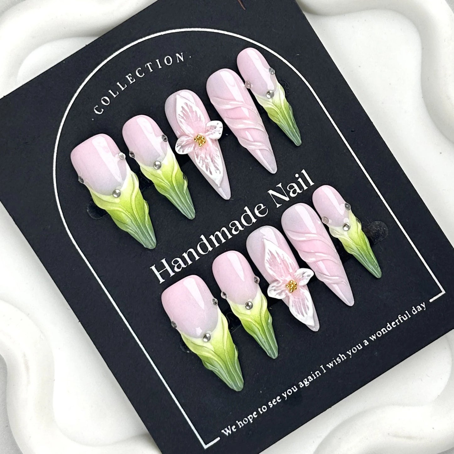 Pink Green Handmade Nails