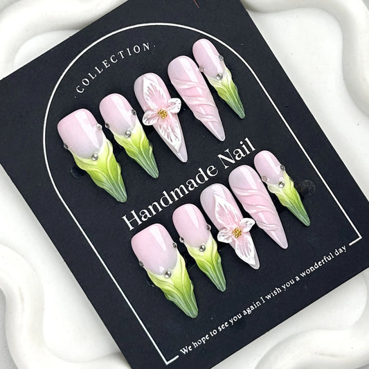 Pink Green Handmade Nails