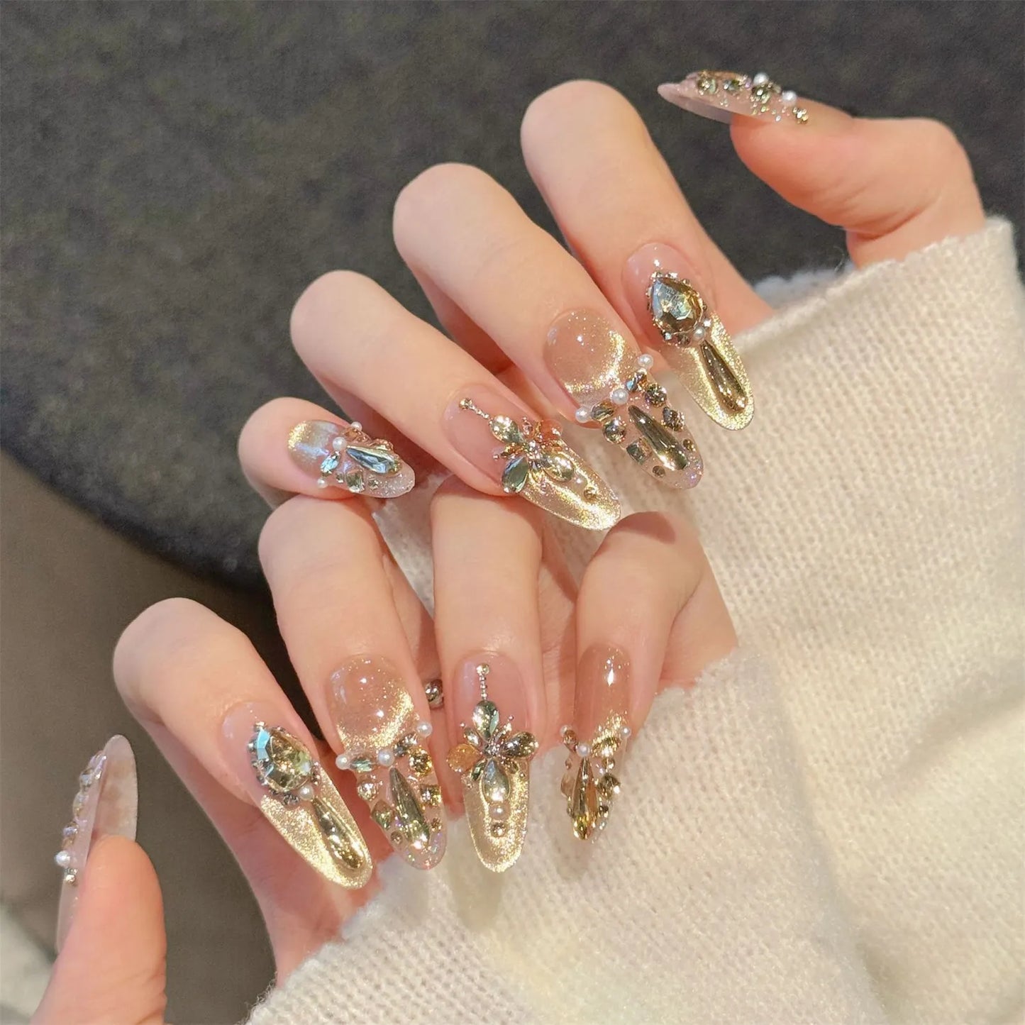 10PCS Champagne  Diamond Almond Nails