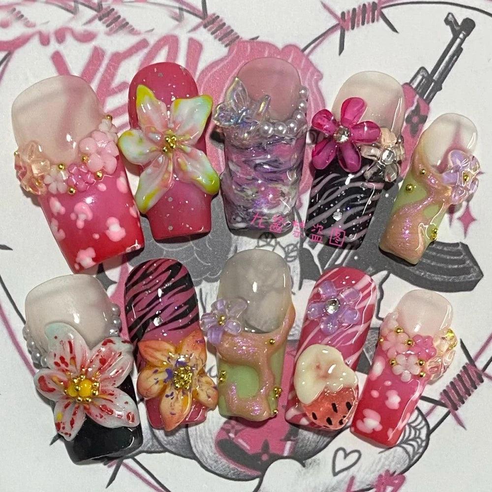 10Pcs  Gradient Pink Romance Flower Zebra-Stripe Nails