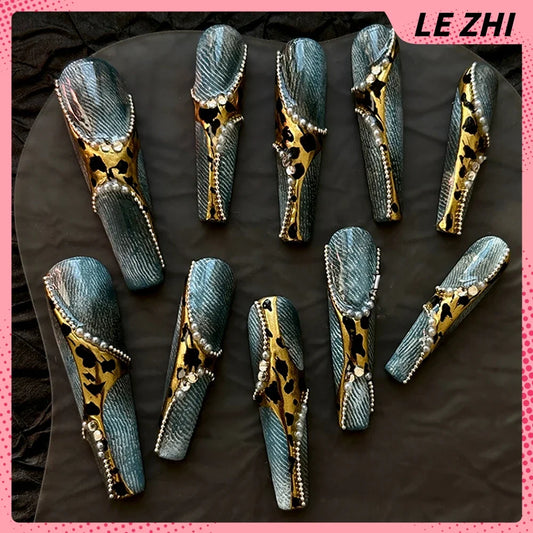 10Pcs Long Coffin Leopard Print