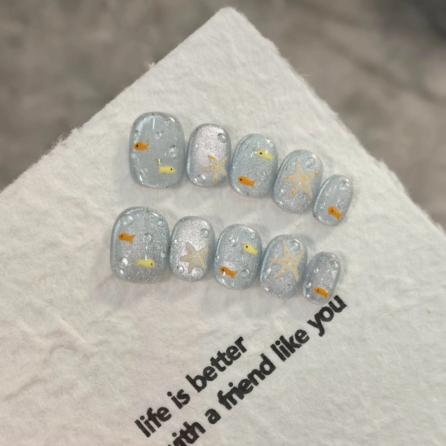 10pcs - Blue Glossy Fish & Bubbles