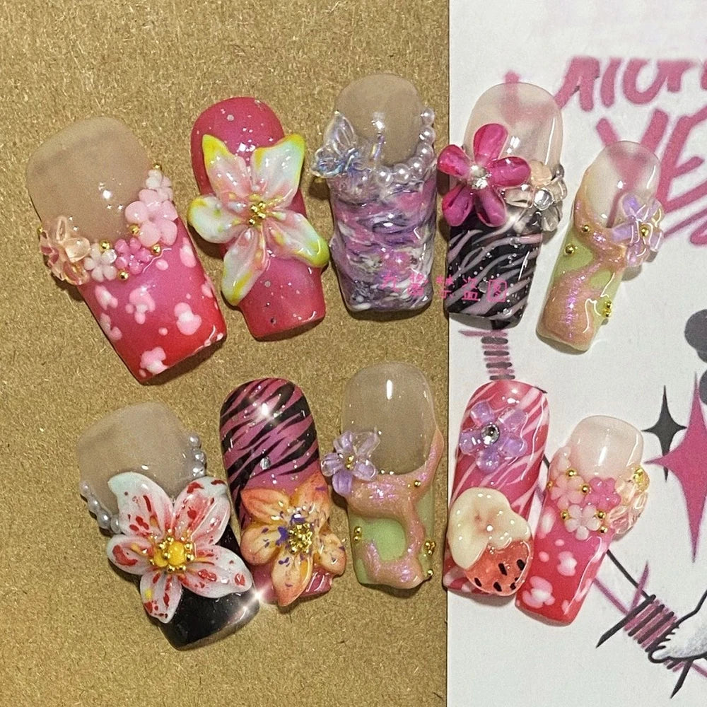10Pcs  Gradient Pink Romance Flower Zebra-Stripe Nails