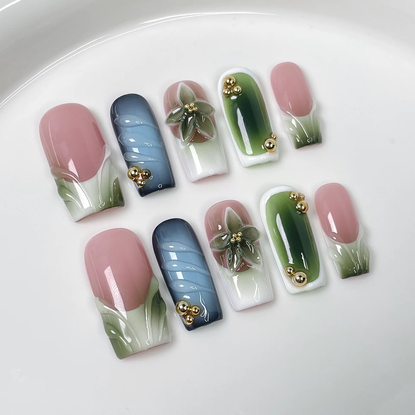 10Pcs Green Flower Handmade  Nails