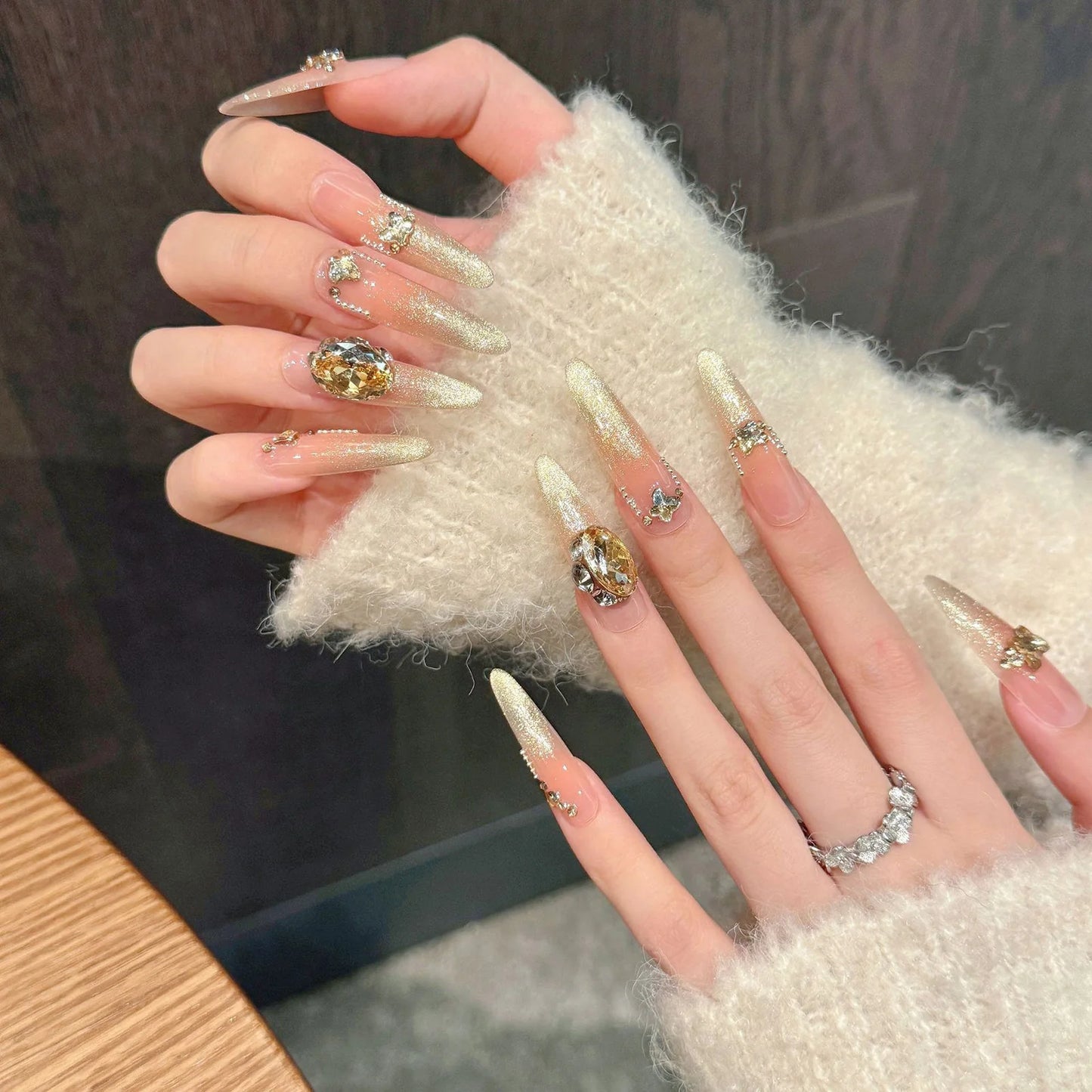 10PCS Champagne  Diamond Almond Nails