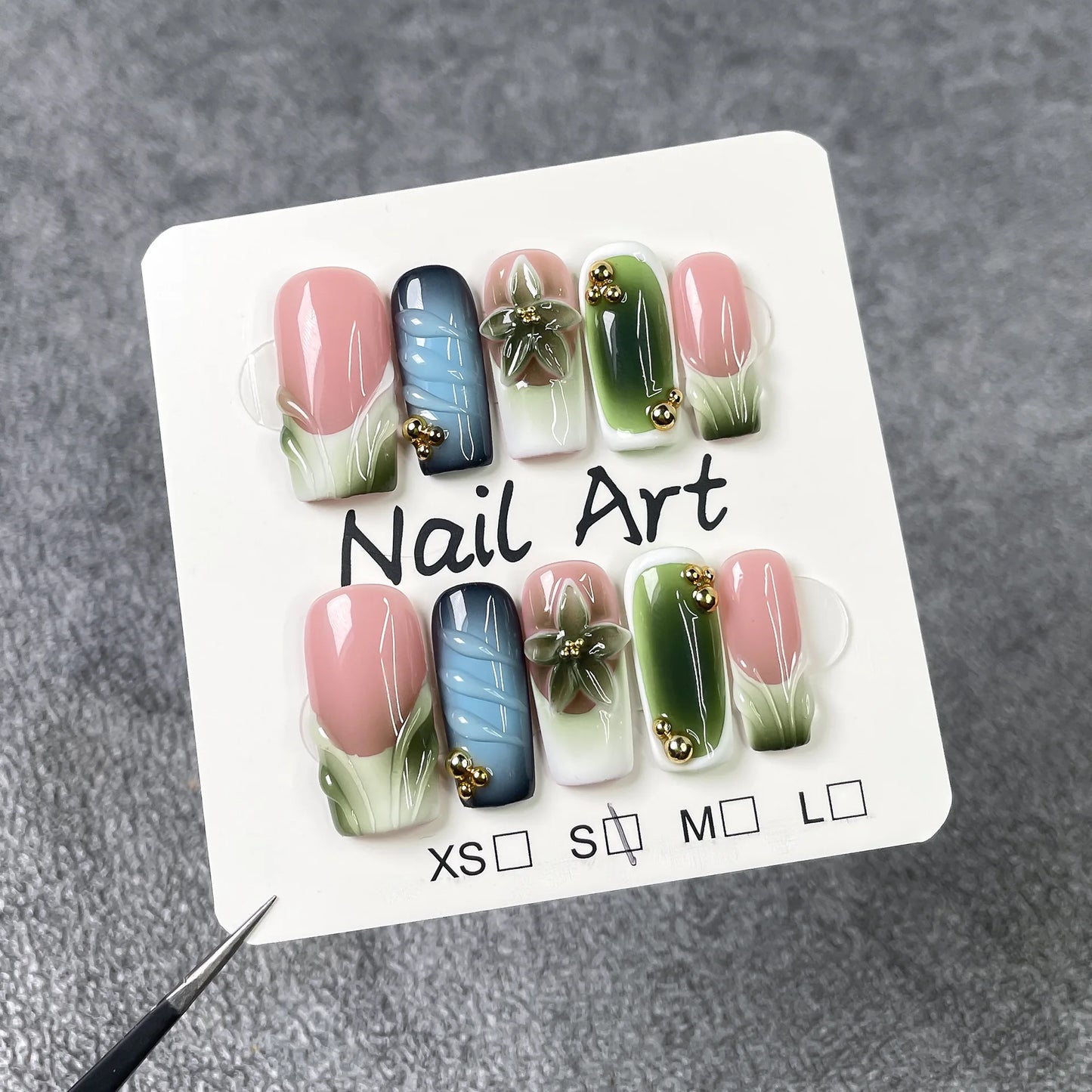 10Pcs Green Flower Handmade  Nails