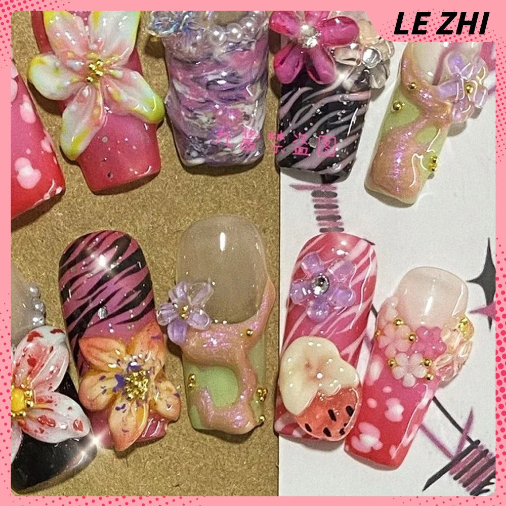 10Pcs  Gradient Pink Romance Flower Zebra-Stripe Nails