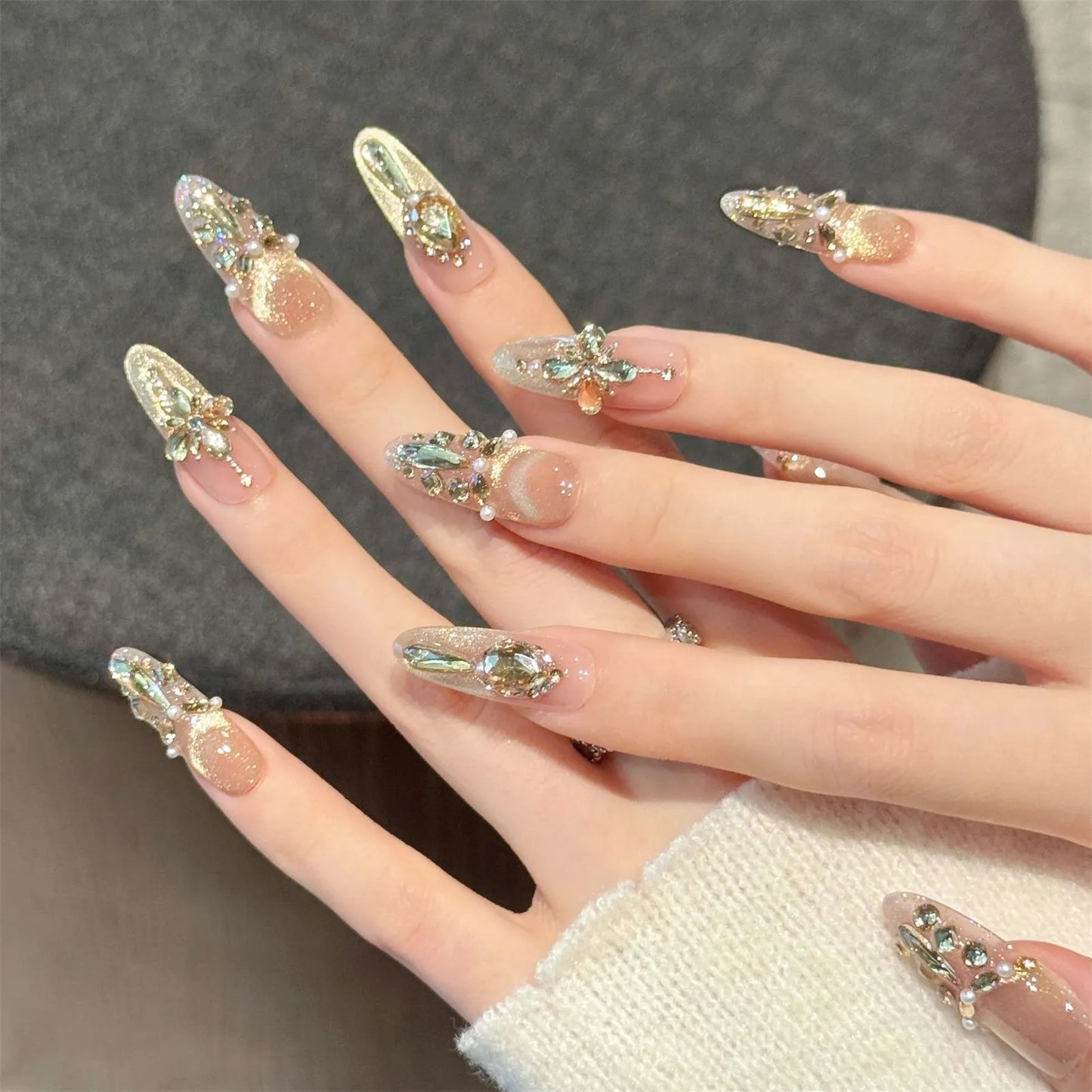10PCS Champagne  Diamond Almond Nails