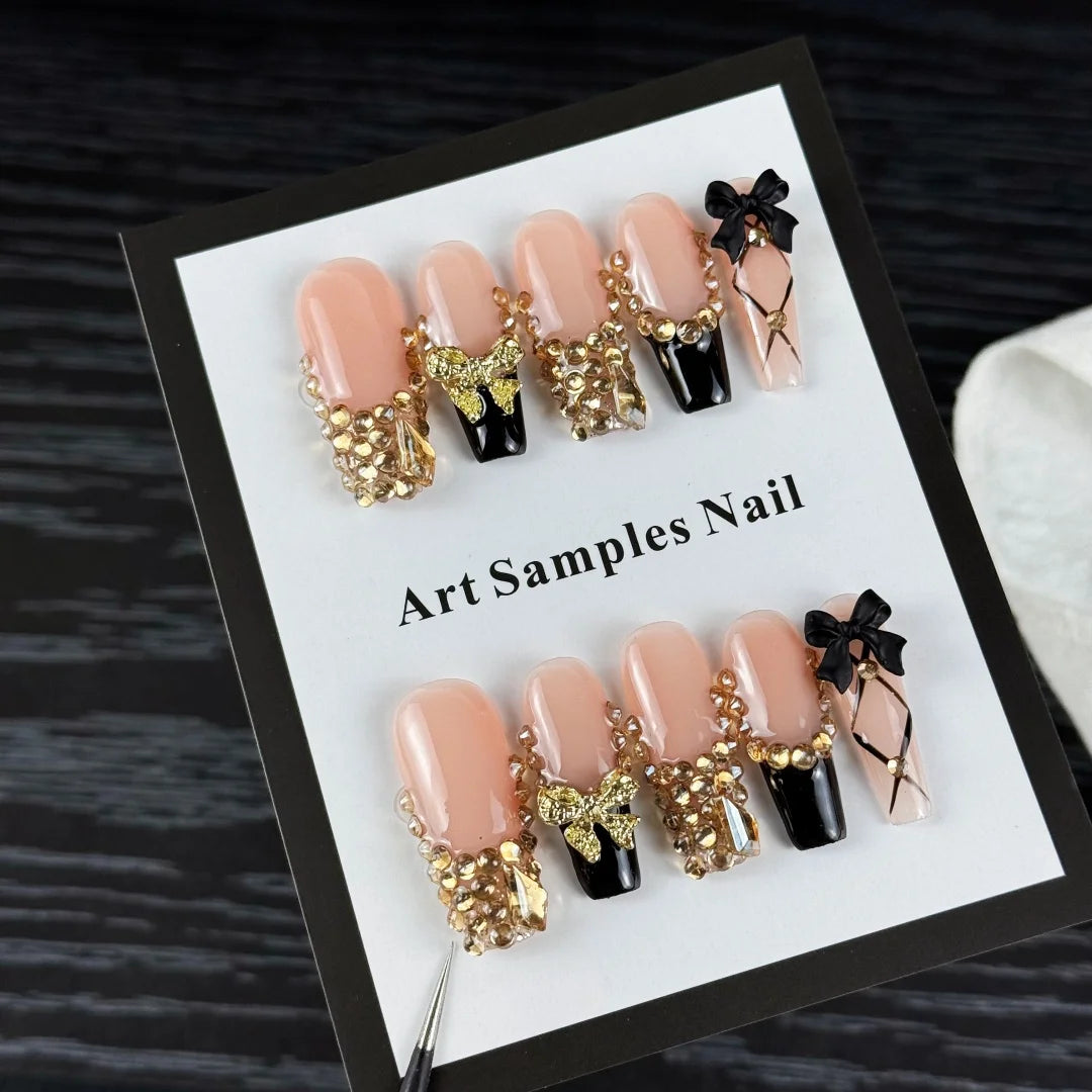 10pcs luxurious style, gold diamonds handmade nails