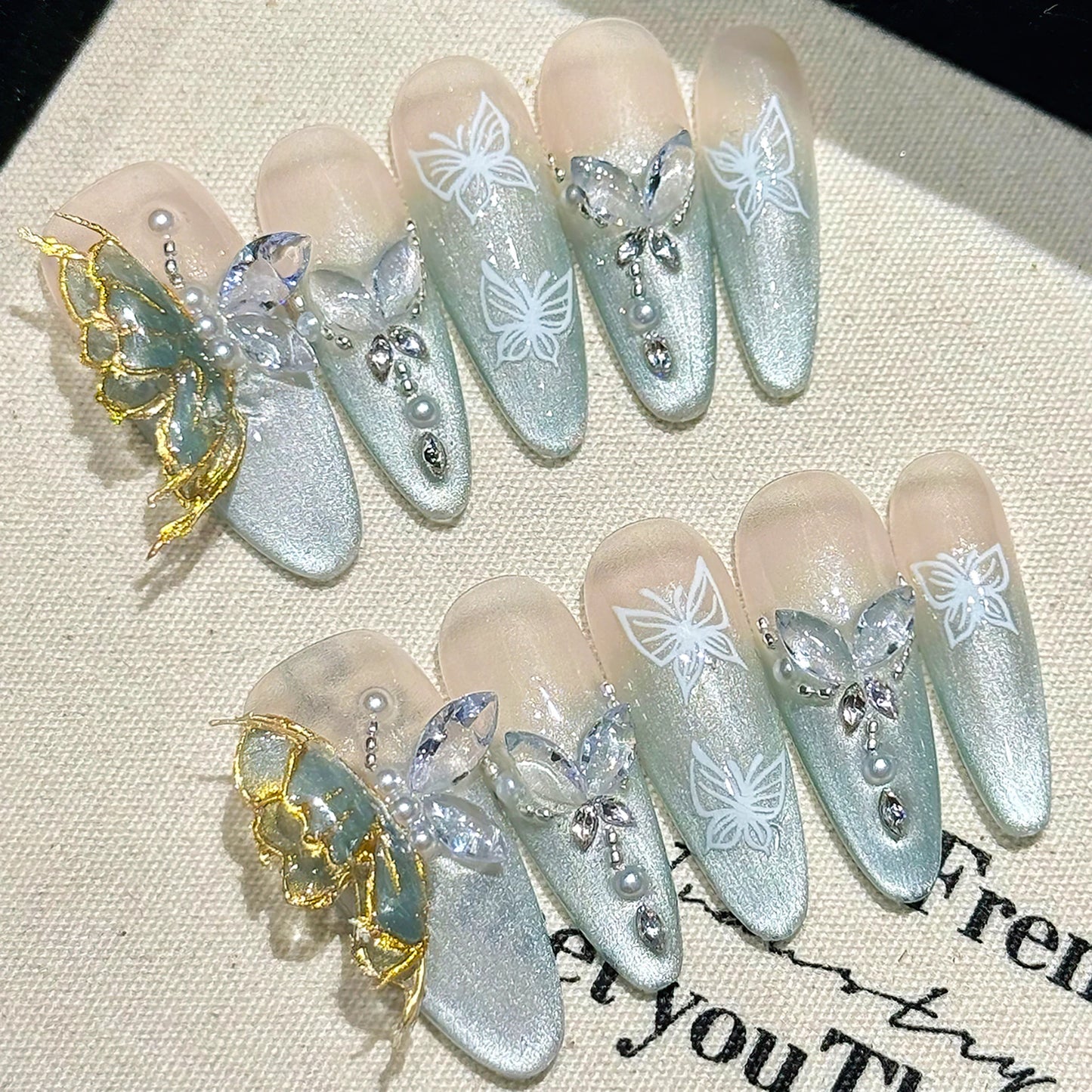 Pink Green Handmade Nails