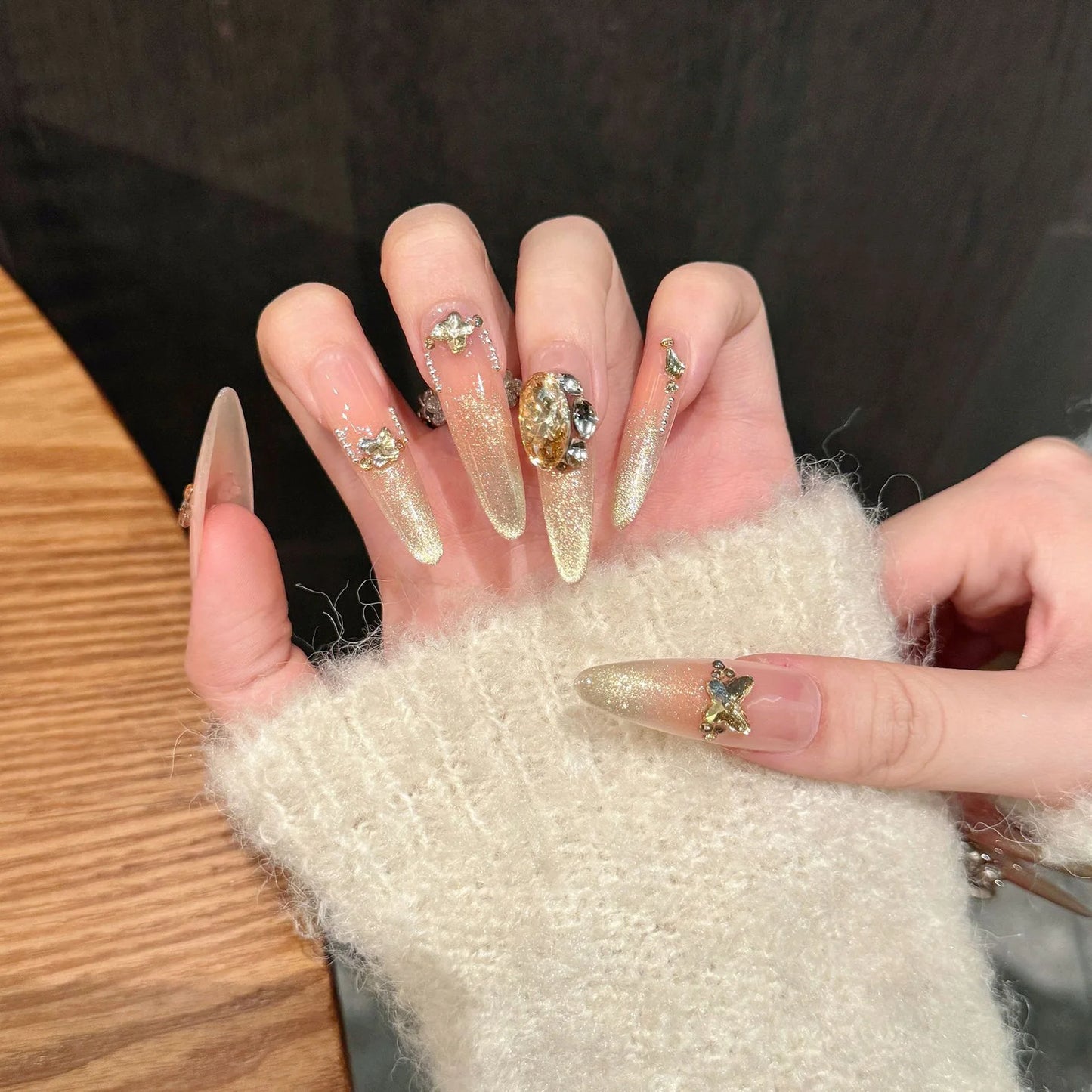 10PCS Champagne  Diamond Almond Nails