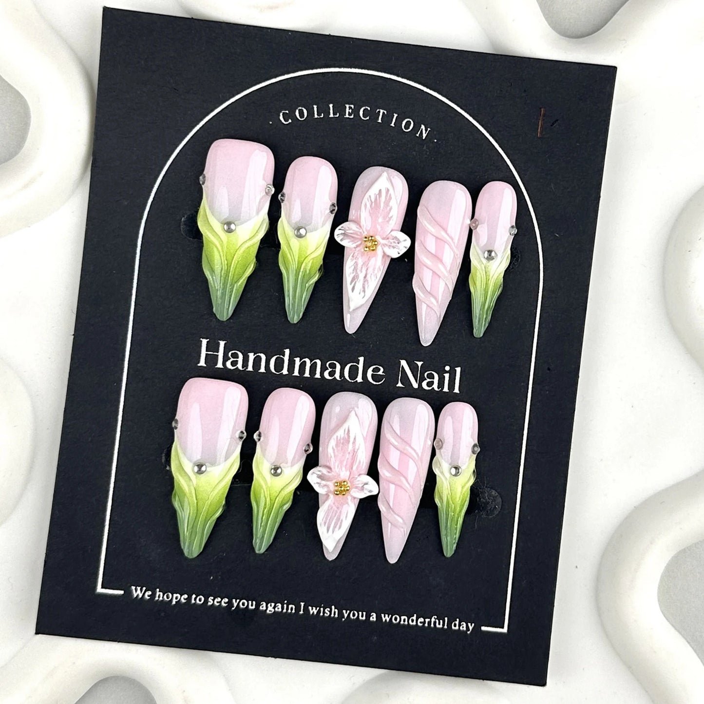 Pink Green Handmade Nails