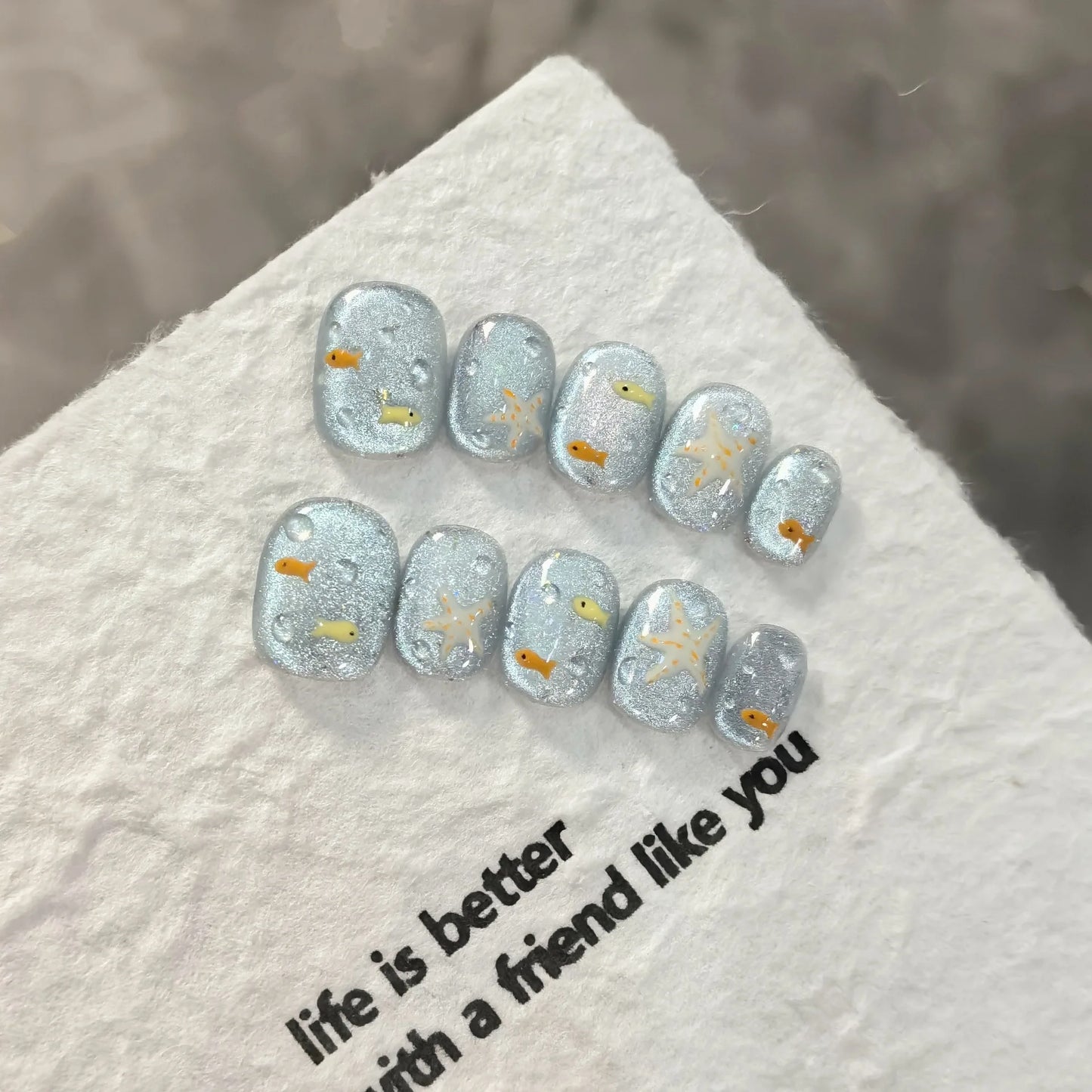 10pcs - Blue Glossy Fish & Bubbles