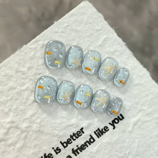 10pcs - Blue Glossy Fish & Bubbles