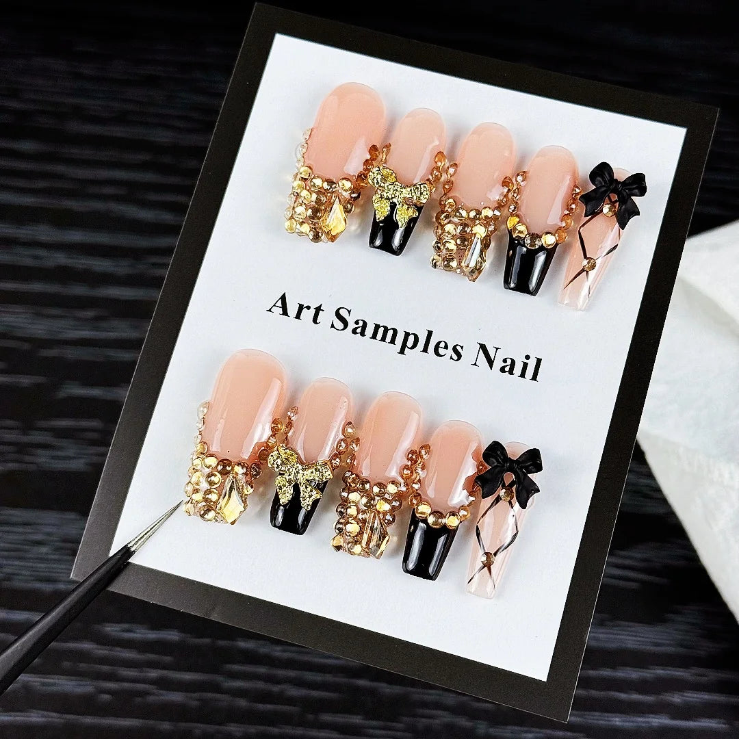 10pcs luxurious style, gold diamonds handmade nails