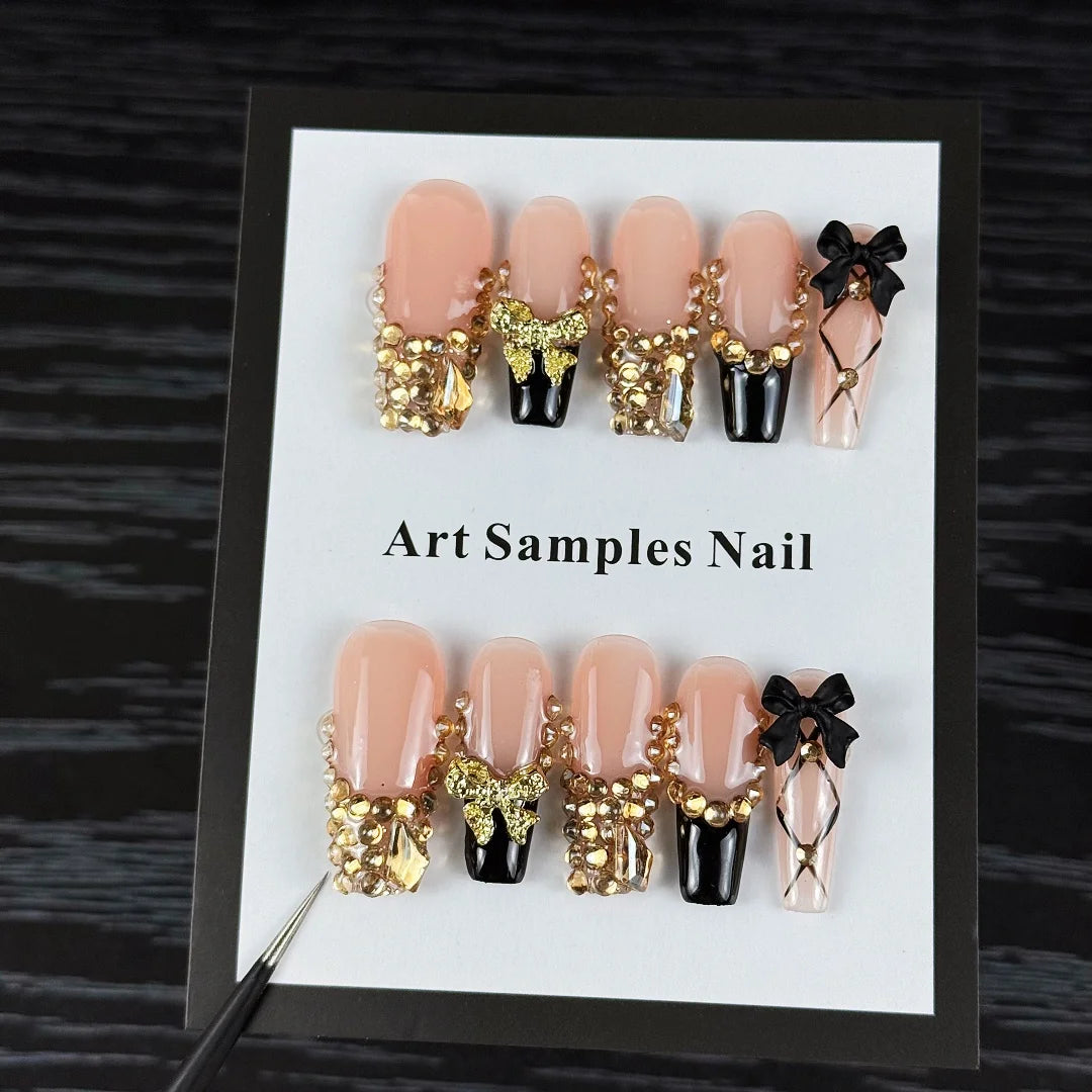 10pcs luxurious style, gold diamonds handmade nails