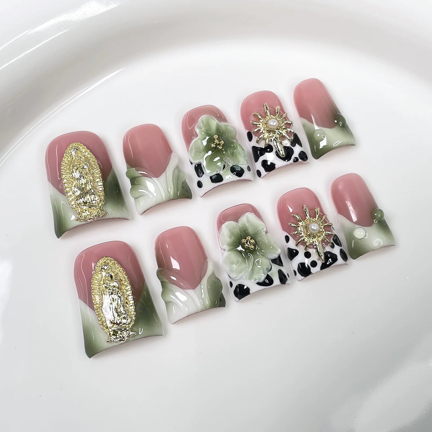 10pcs  Green French Nails