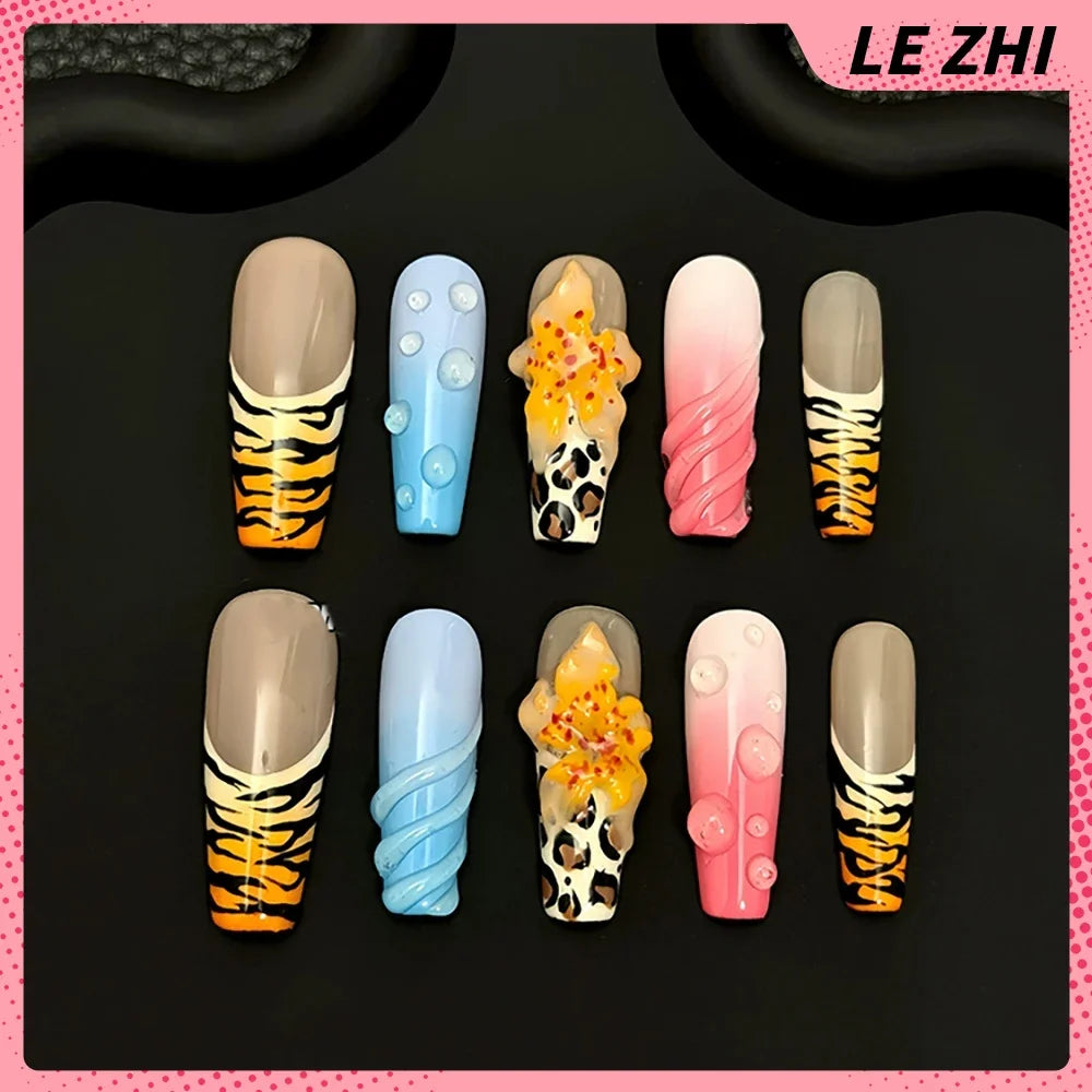 10Pcs Long Coffin Leopard Print