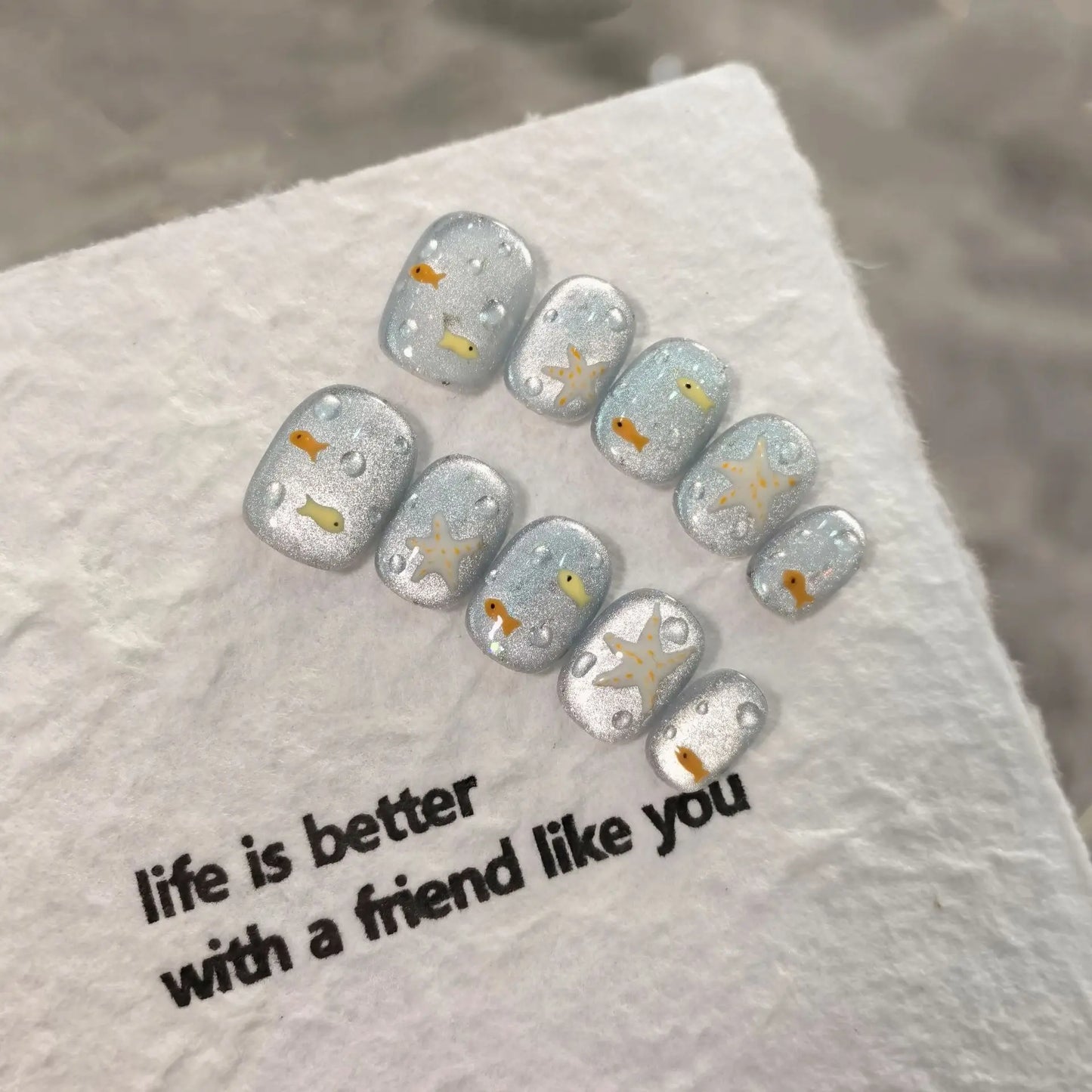 10pcs - Blue Glossy Fish & Bubbles