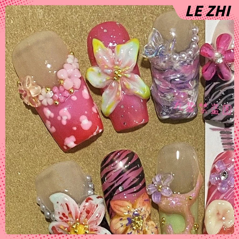 10Pcs  Gradient Pink Romance Flower Zebra-Stripe Nails