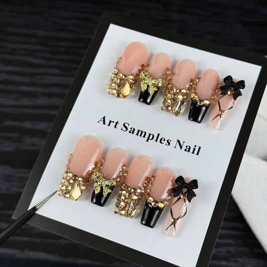 10pcs luxurious style, gold diamonds handmade nails