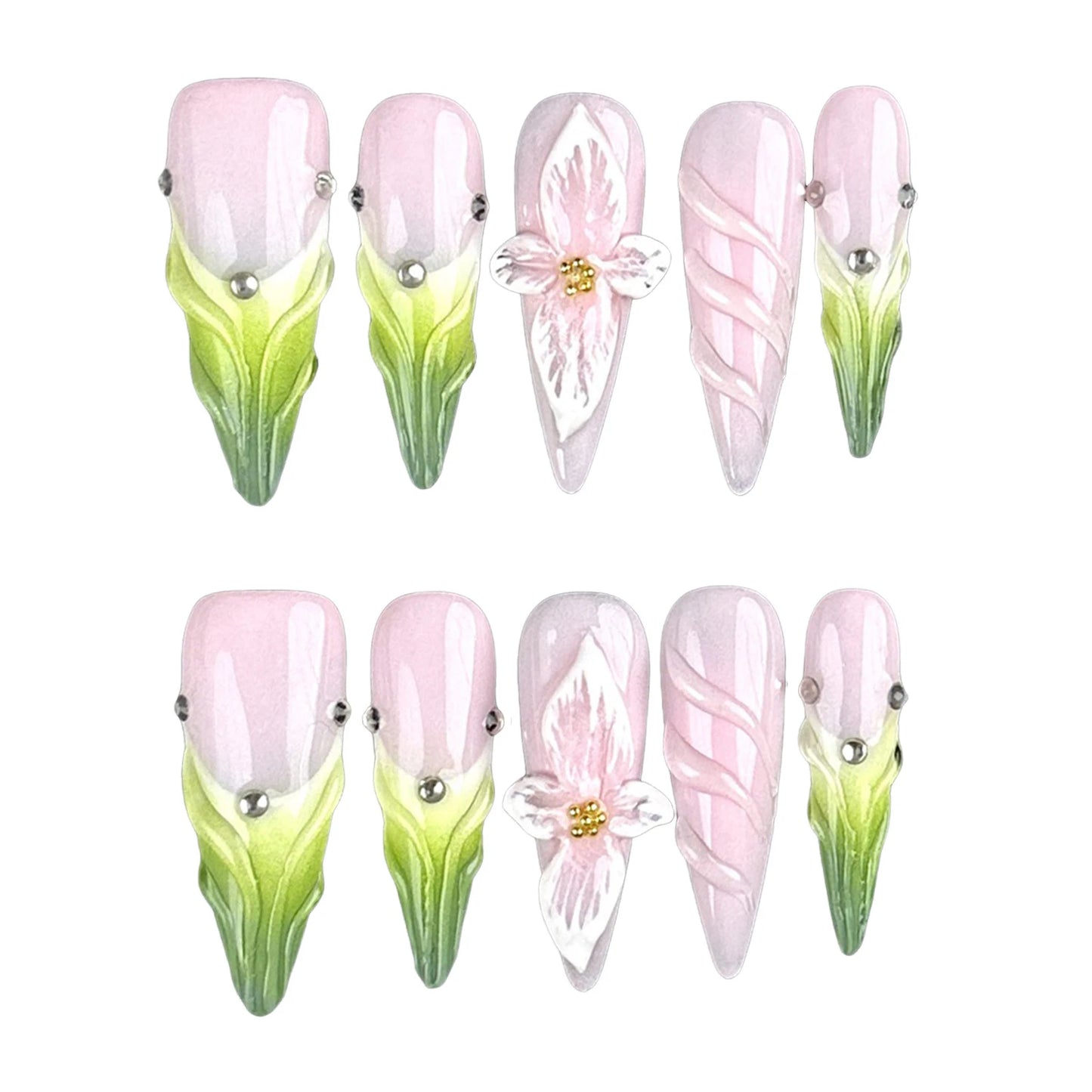 Pink Green Handmade Nails