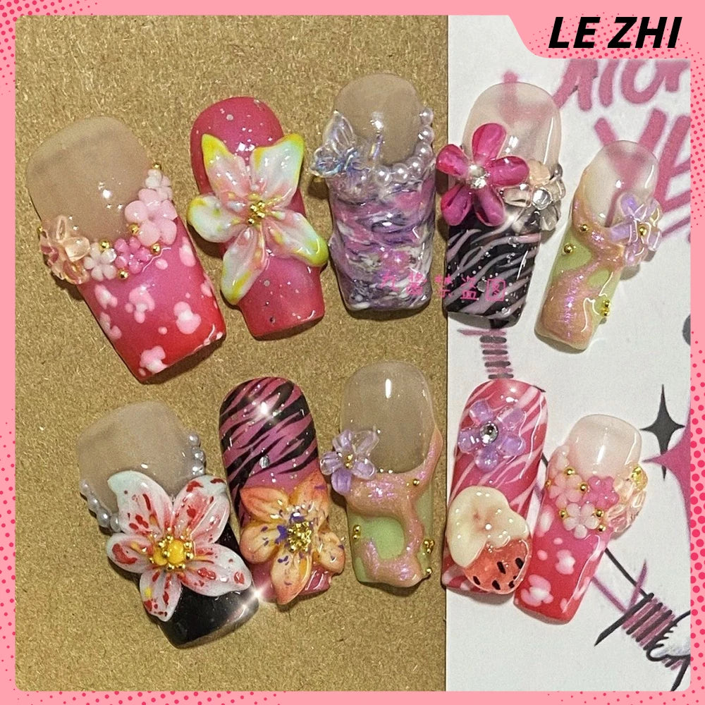 10Pcs  Gradient Pink Romance Flower Zebra-Stripe Nails