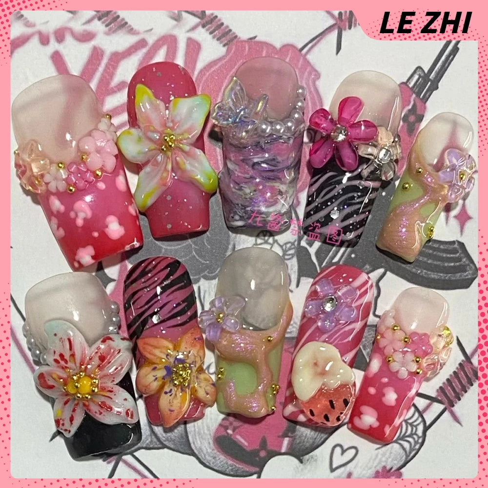 10Pcs  Gradient Pink Romance Flower Zebra-Stripe Nails