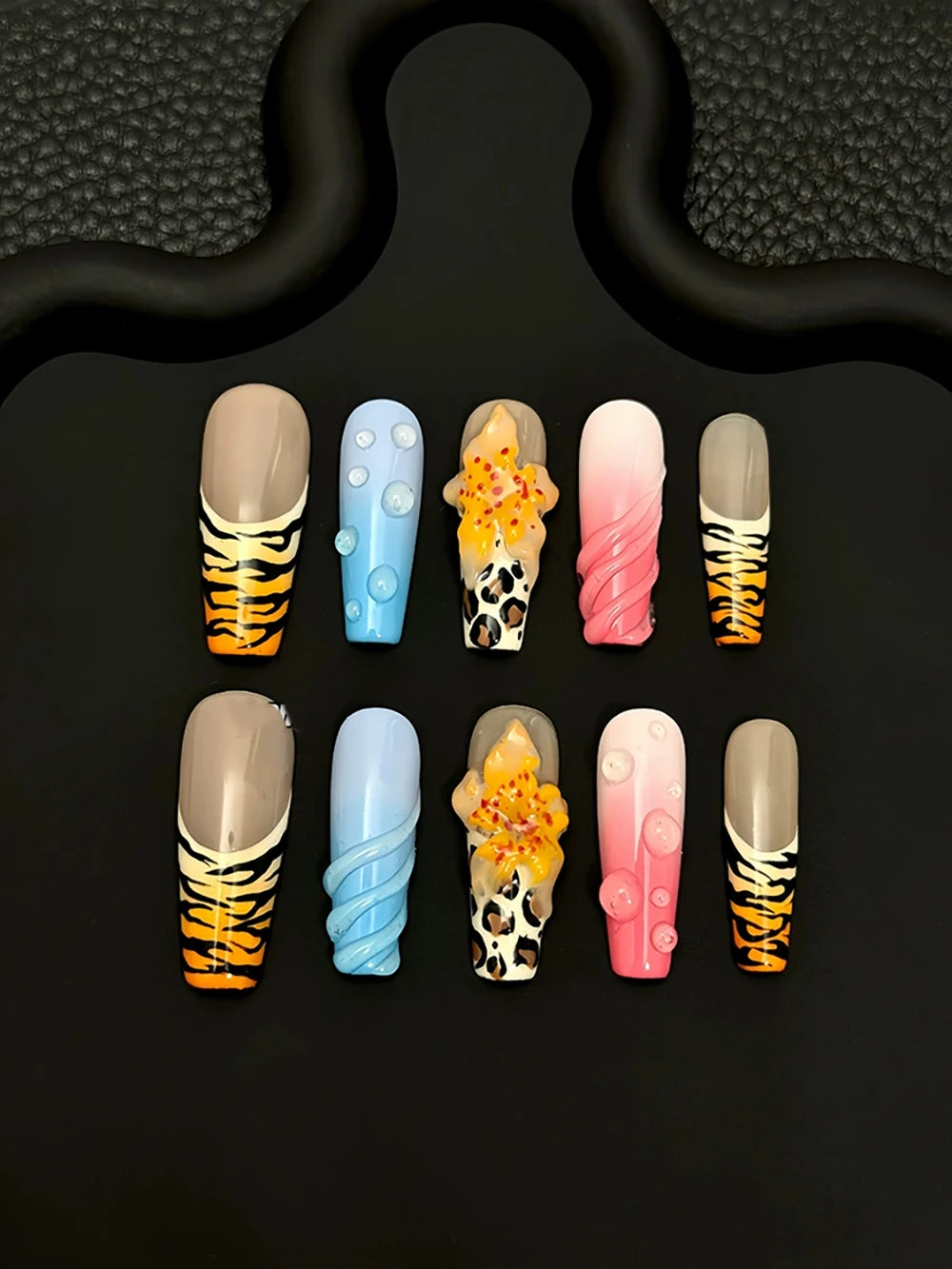 10Pcs Long Coffin Leopard Print