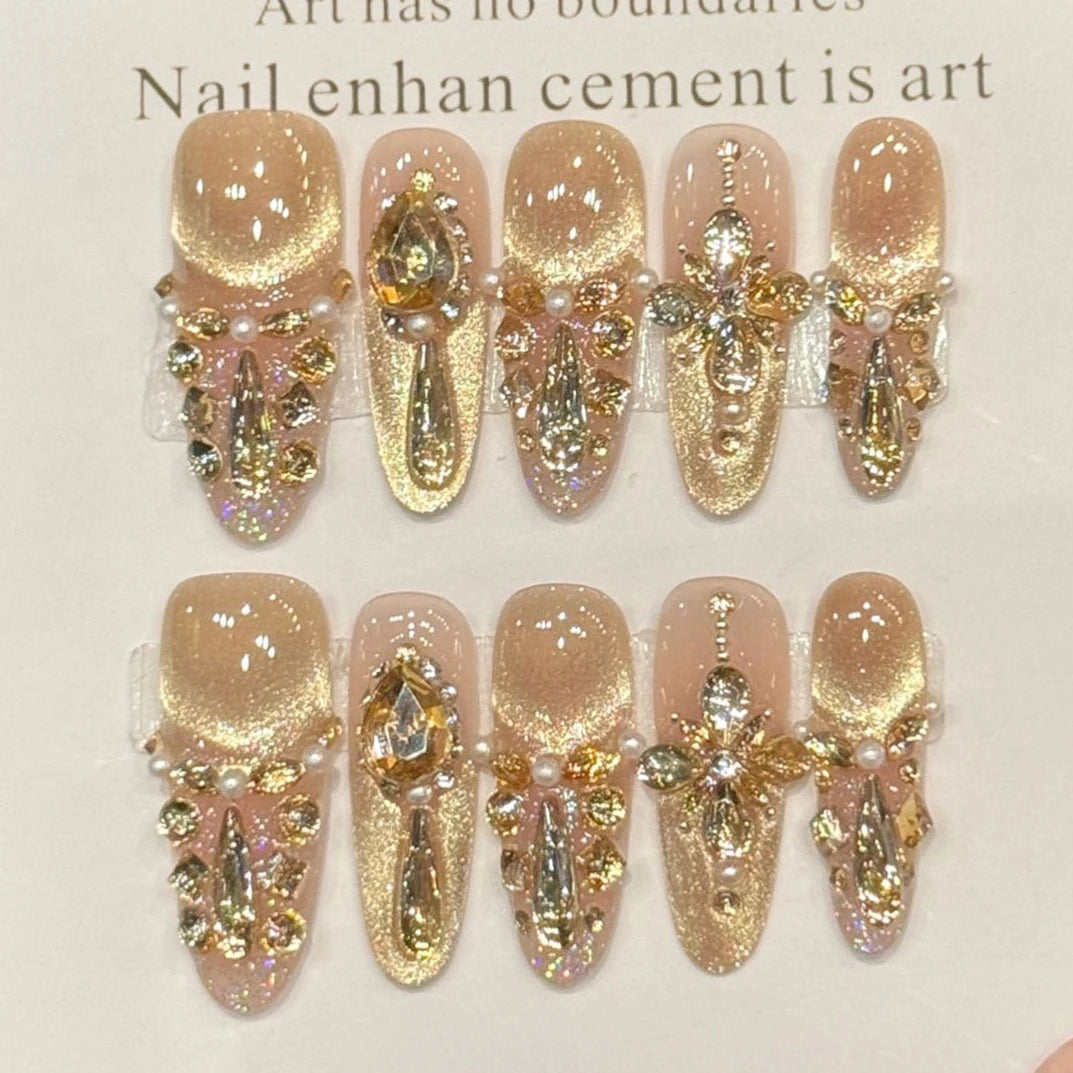10PCS Champagne  Diamond Almond Nails