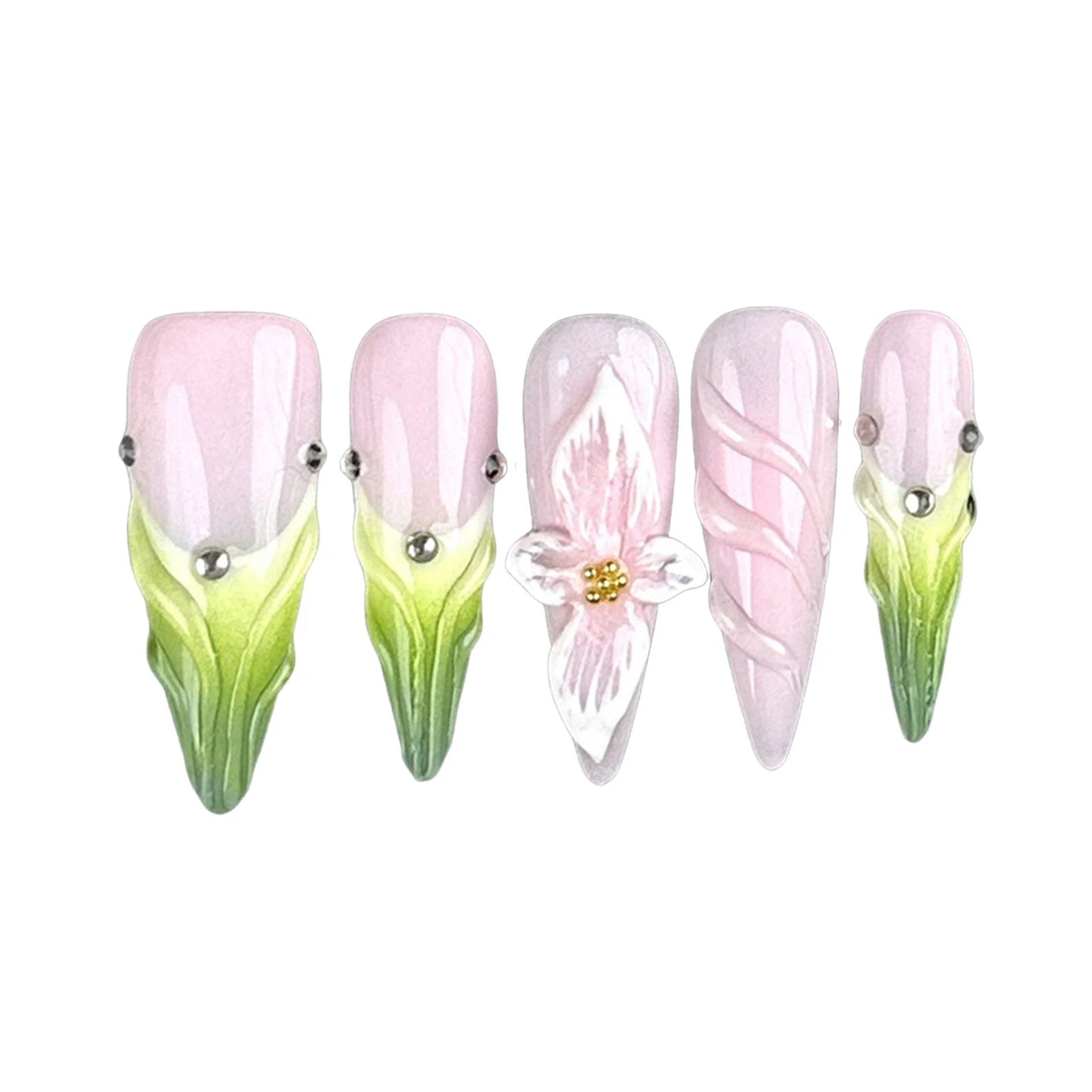 Pink Green Handmade Nails