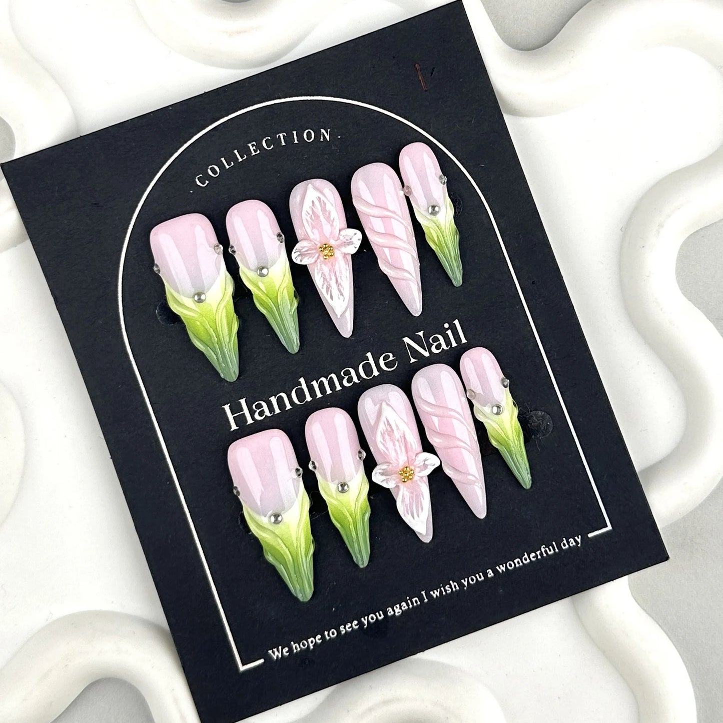 Pink Green Handmade Nails